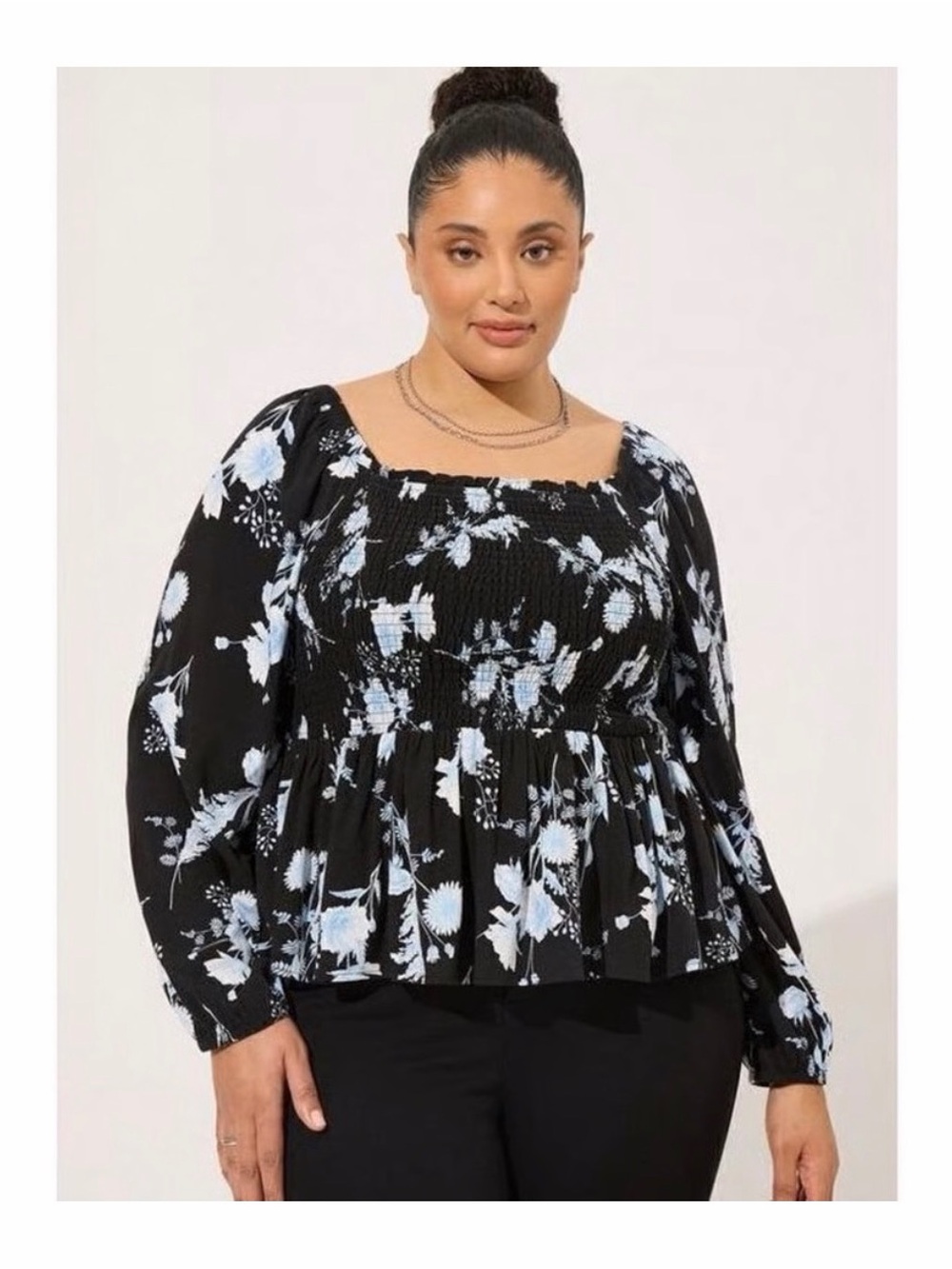 torrid Black Blouse with Light Blue Floral Smocked Bodice